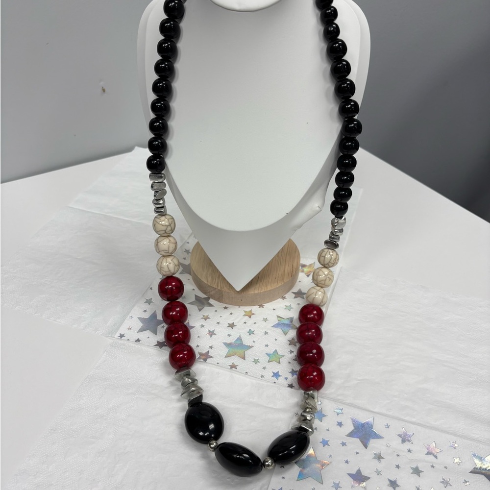 Chicos Red White and Black long beaded necklace
